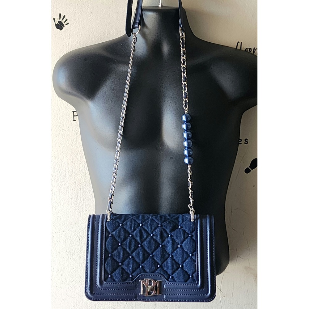 Badgley Mischka Navy Denim Quilted Crossbody Bag with Pearls BM-4150 - Picture 2 of 7